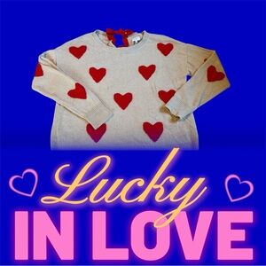 Crown & Ivy Lucky in Love Hearts Sweater w/ Red Bow Size Large. Gentle used.